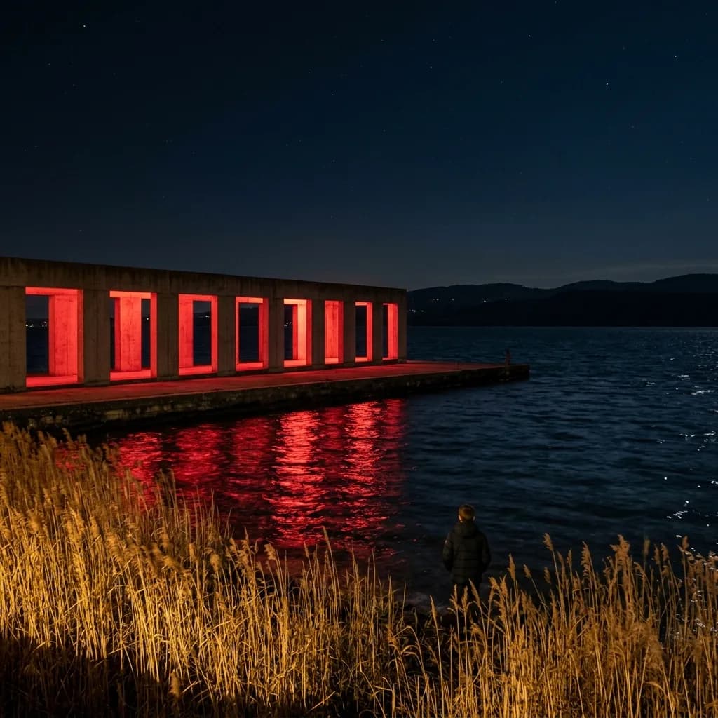 Long building by the water with red-glowing openings – in the original and with limestone and warm light; the water stays.